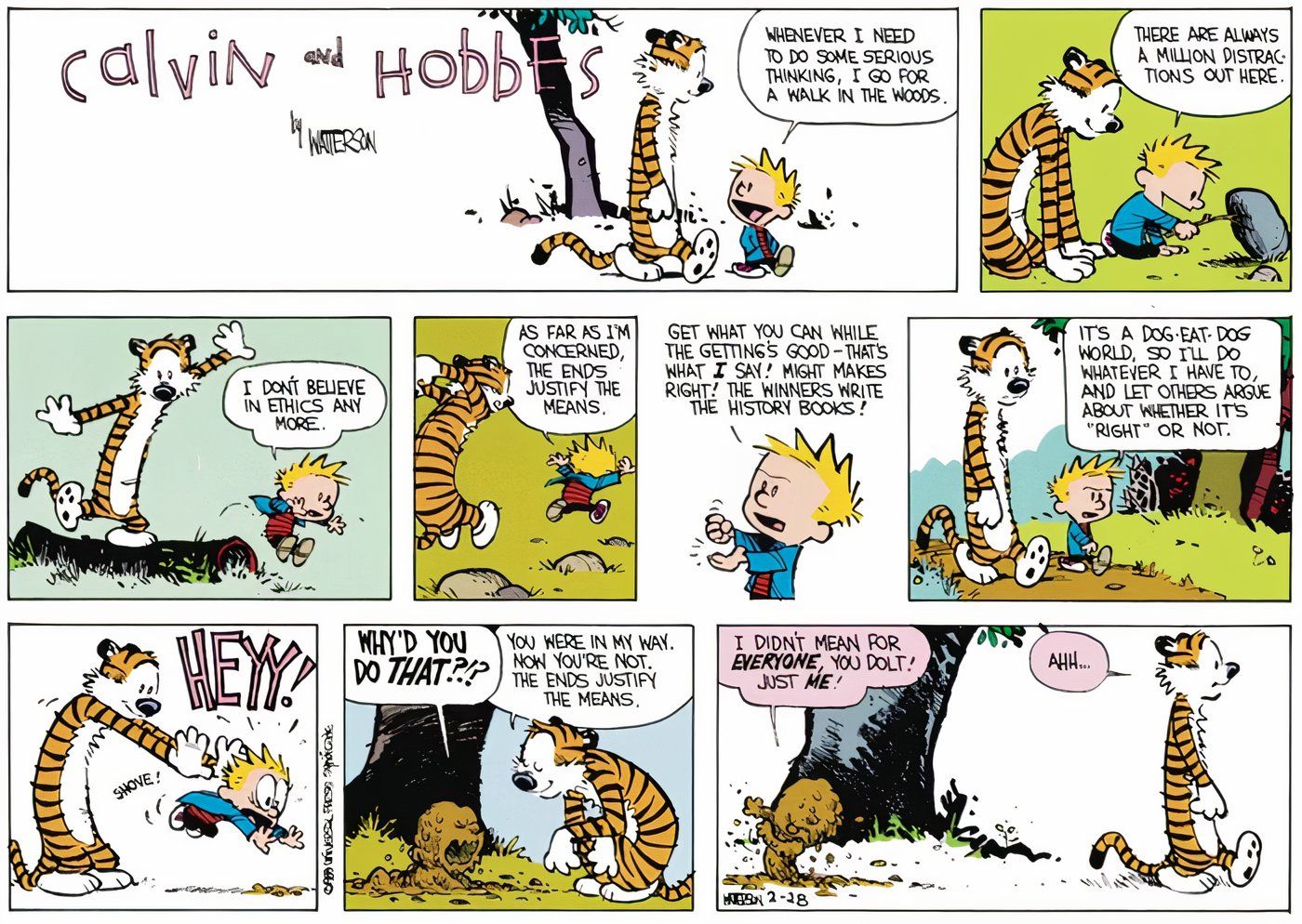 Calvin dizendo a Hobbes que ele é um anarquista enquanto caminhava pela floresta.