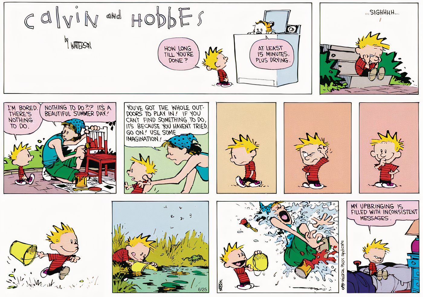 Calvin jogando um balde d’água nas costas da mãe.