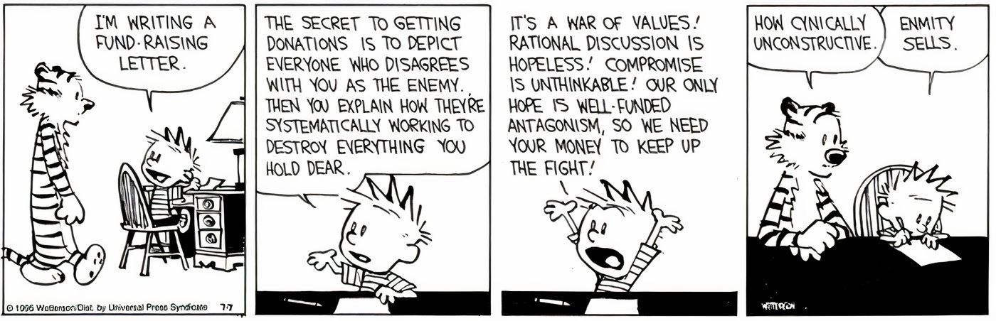 Calvin escrevendo uma carta para arrecadar fundos enquanto conversava com Hobbes.