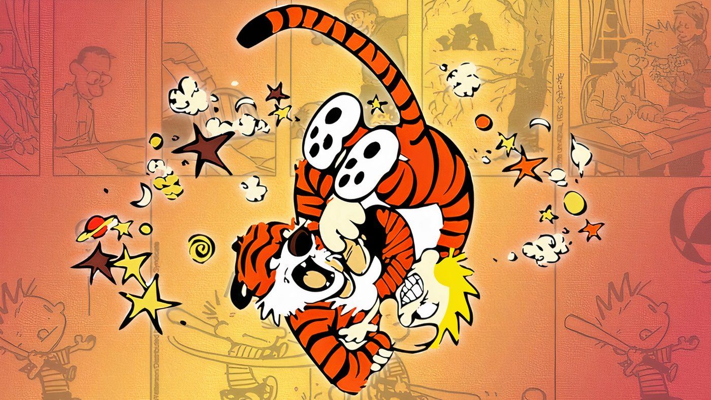 Calvin and Hobbes fighting each other.