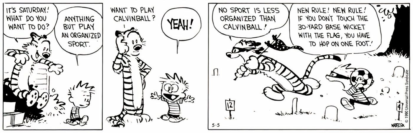 Hobbes sugerindo a Calvin que jogassem Calvinball.