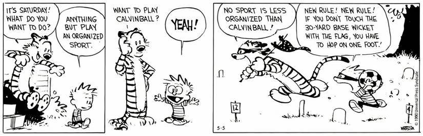 First Calvinball strip in cartoon Calvin and Hobbes, May 5, 1990 by Bill Watterson