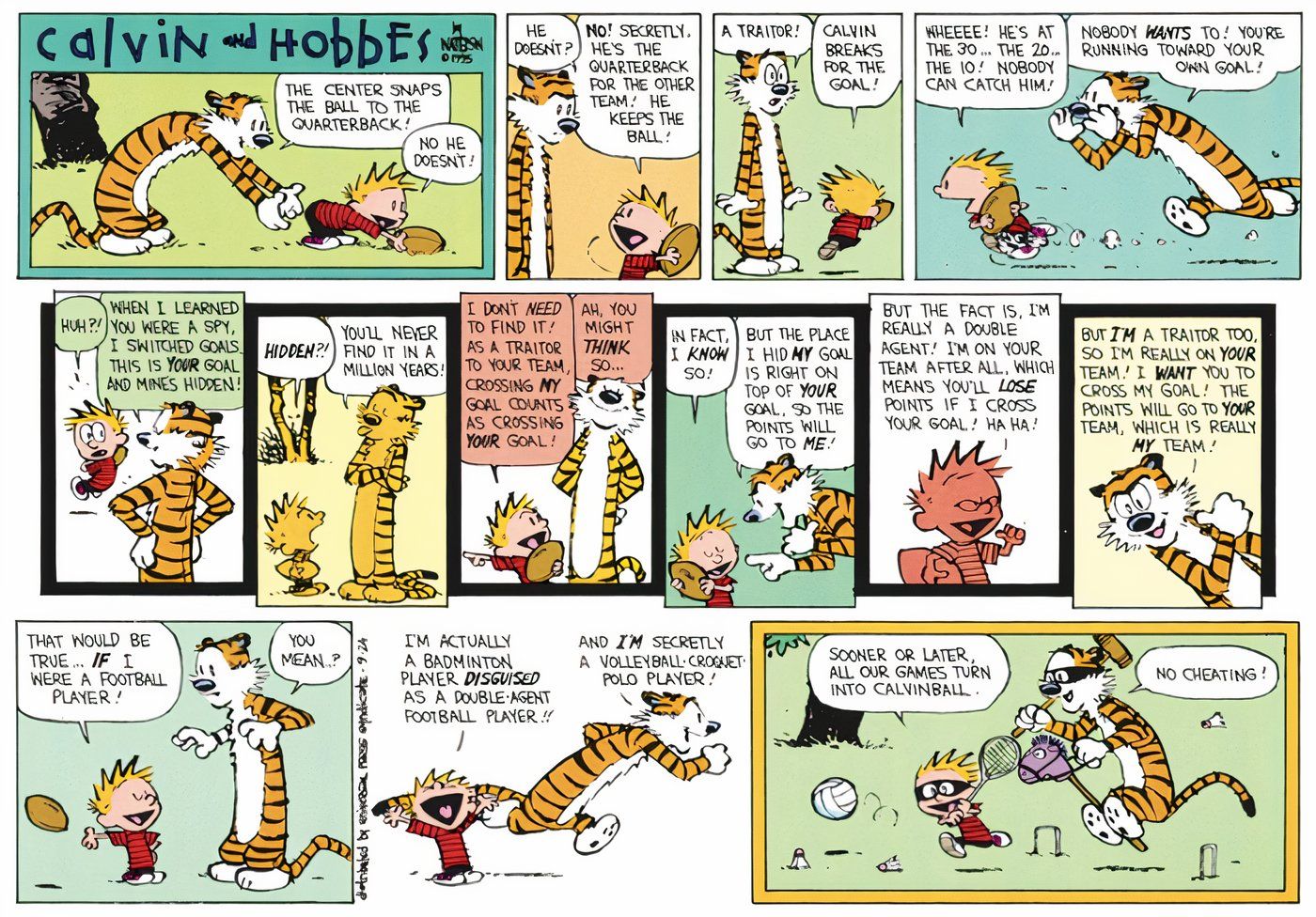 Calvin e Hobbes transformando um jogo de futebol em Calvinball.