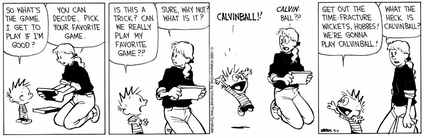 Calvin dizendo à babá que quer jogar Calvinball.