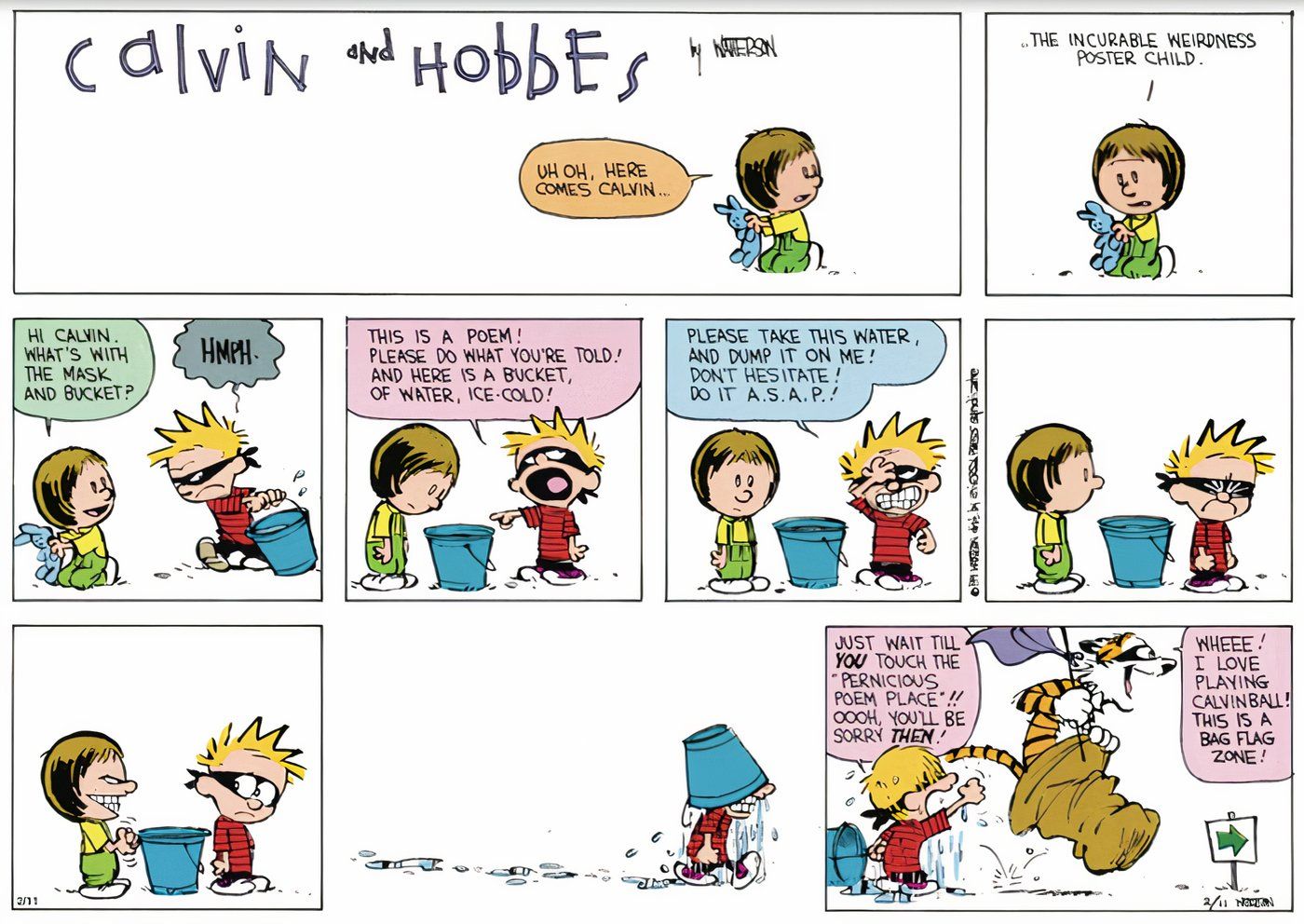 Hobbes forçando Calvin a fazer Susie jogar água nele durante Calvinball.