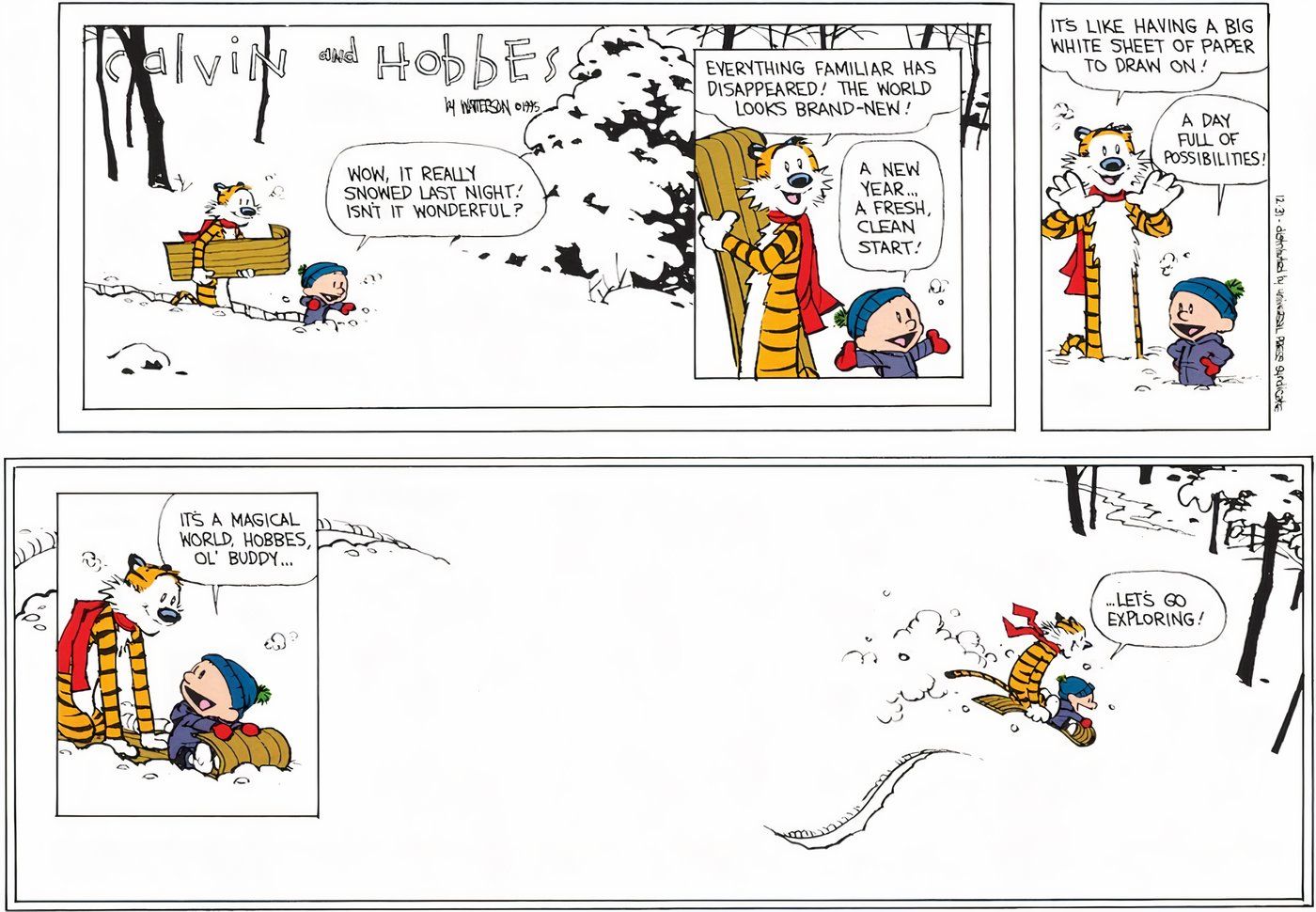 Calvin e Haroldo subindo em seu trenó para se divertir na neve.