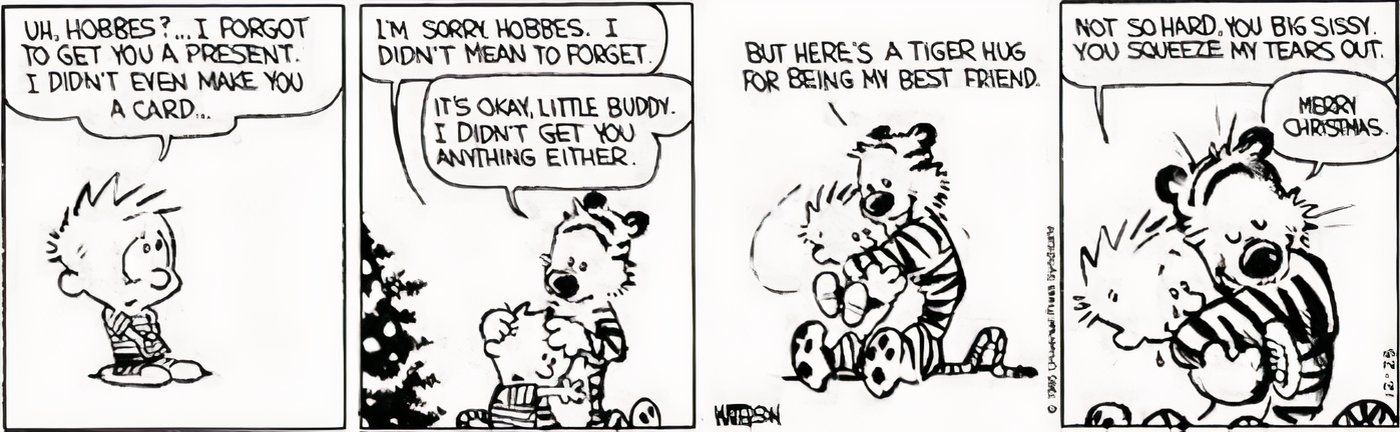 Calvin e Haroldo provando que sua amizade é o melhor presente de Natal de todos.