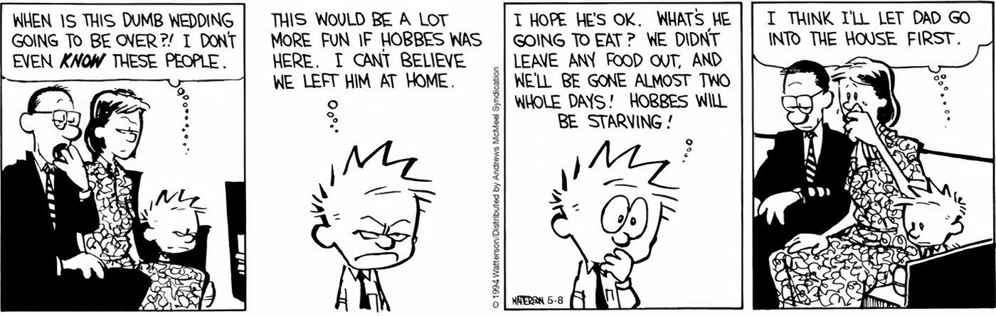 Calvin em um casamento separado de Hobbes, preocupado que ele vá morrer de fome. 