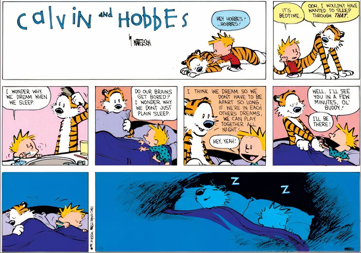 Calvin e Haroldo sonhando um com o outro. 