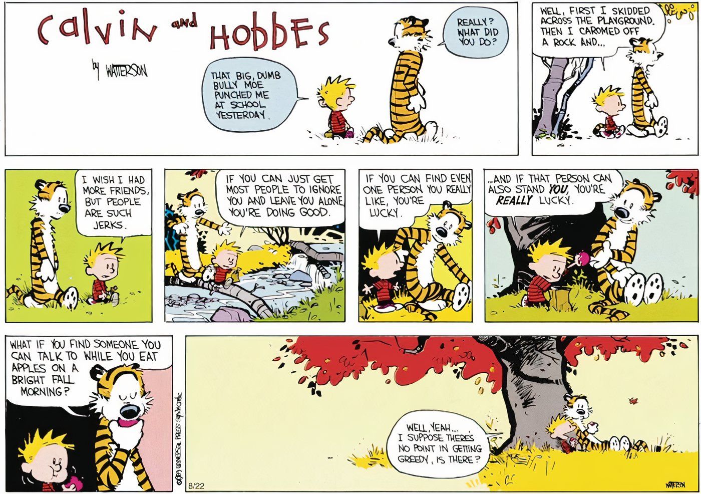 Calvin se abrindo com Hobbes sobre seus problemas com um valentão da escola.