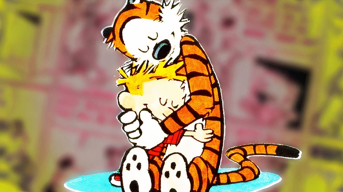 Calvin and Hobbes hugging.