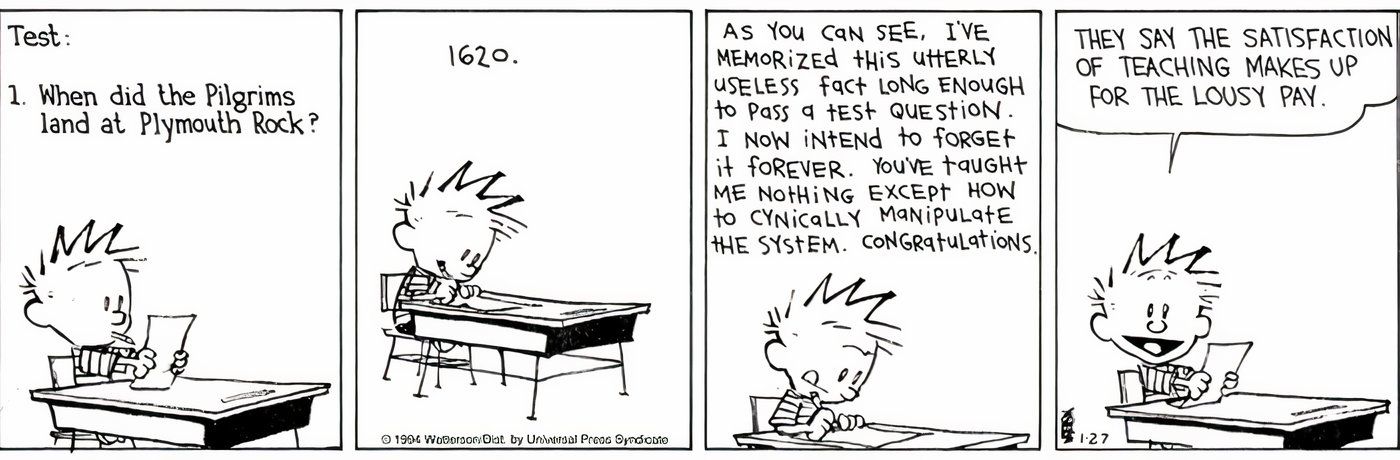 Calvin criticando seu sistema educacional enquanto fazia um teste. 