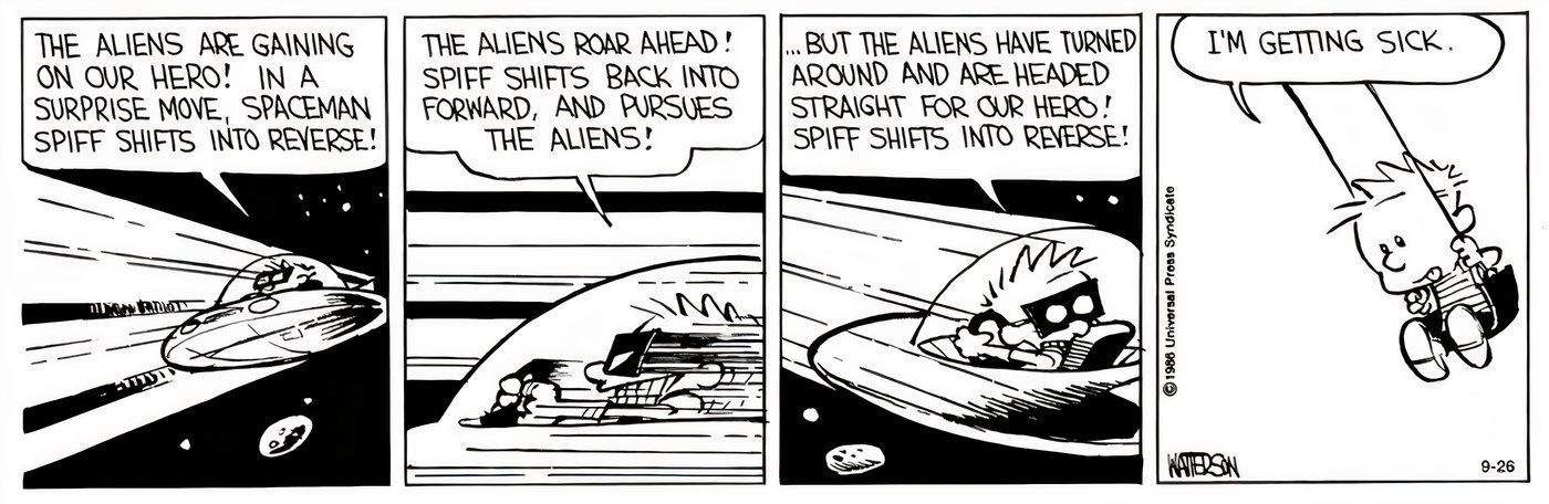 Calvin fingindo ser o Spaceman Spiff enquanto está no balanço.