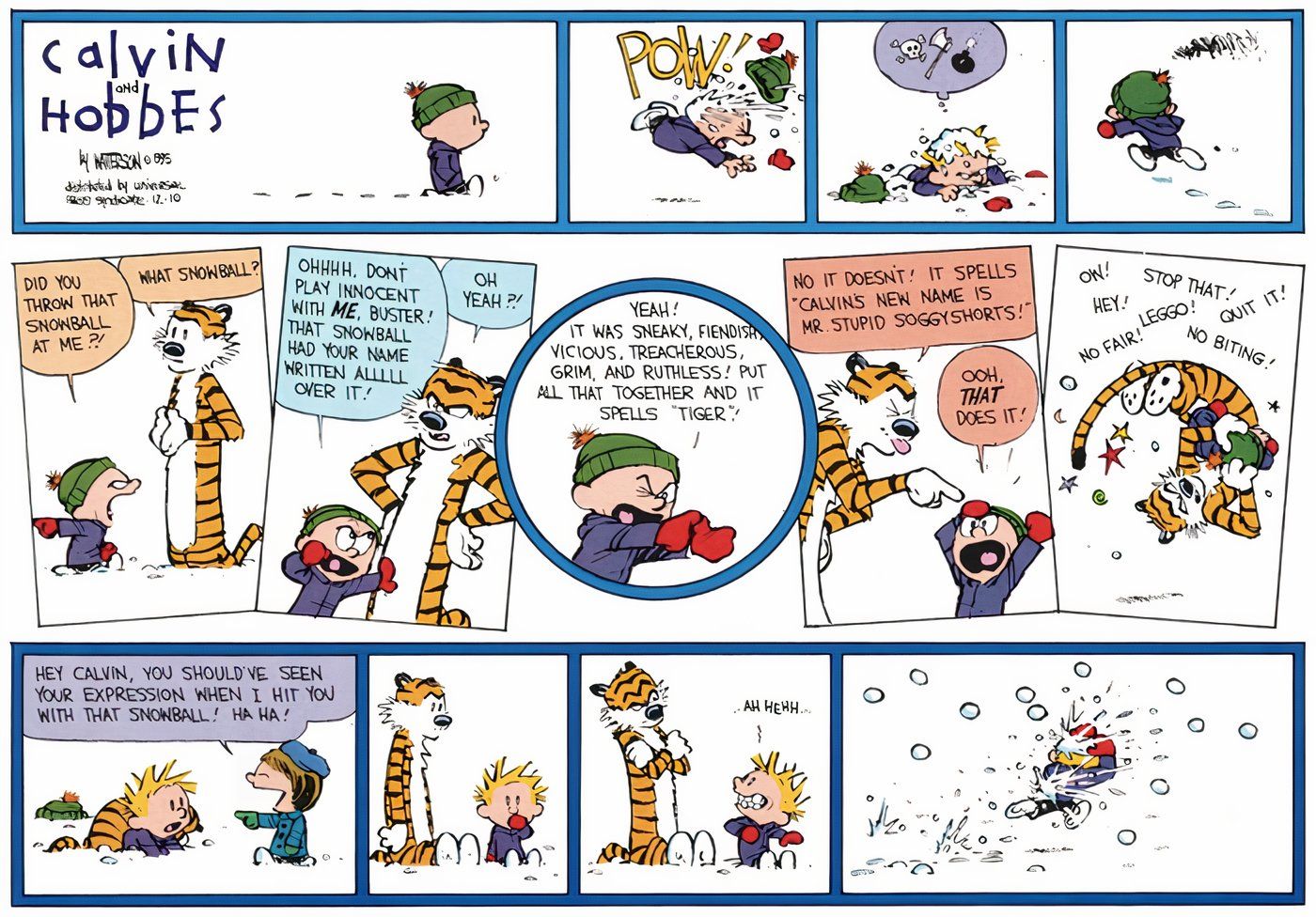 Calvin e Hobbes em uma briga de bolas de neve iniciada por Susie.