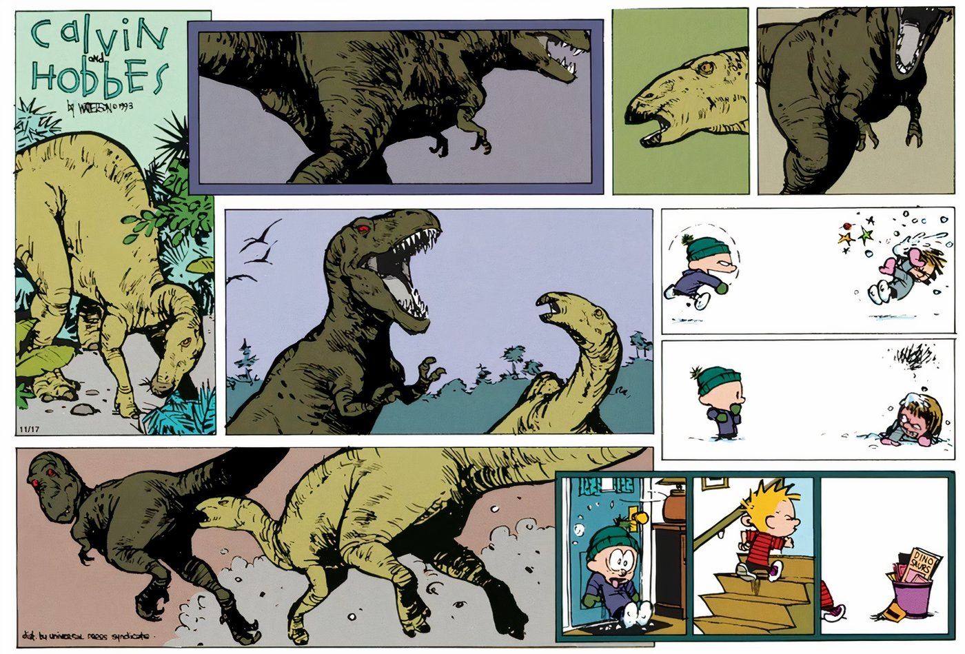 Calvin e Susie como dinossauros durante uma luta de bolas de neve.