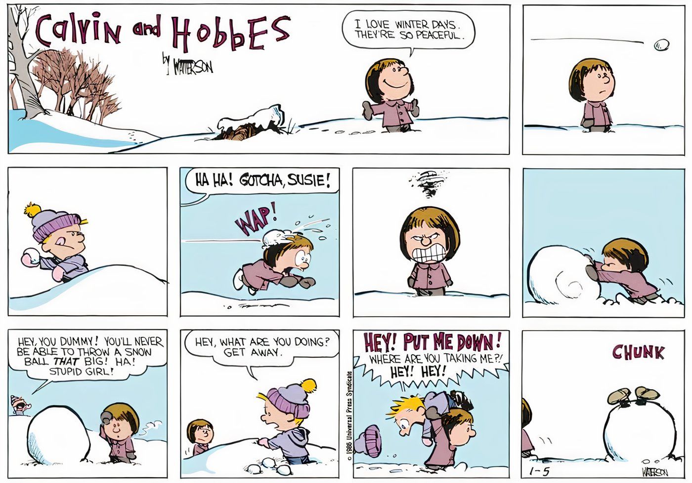 Susie jogando Calvin em uma bola de neve gigante.