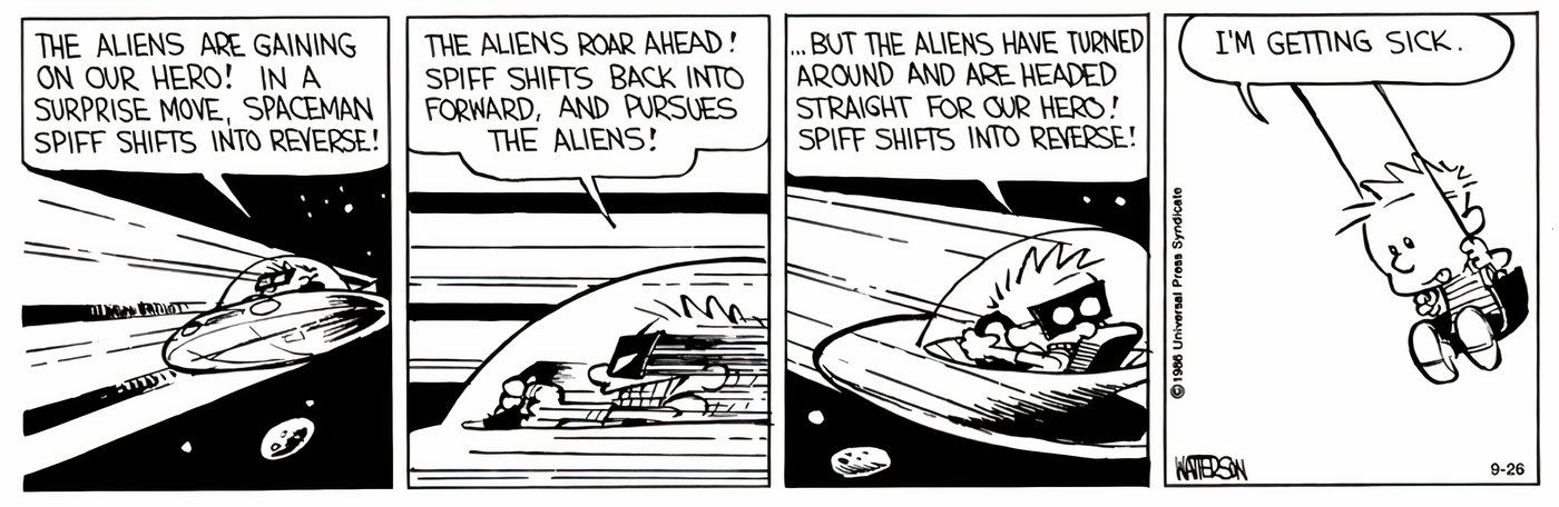 Calvin and Hobbes' Calvin swinging while pretending he's flying a spaceship.