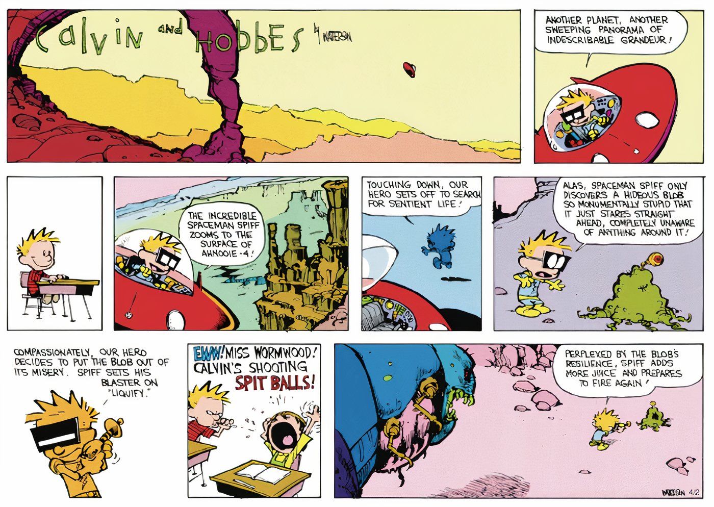 Calvin and Hobbes' Calvin shooting spit balls at his classmates while pretending to be a space hero.