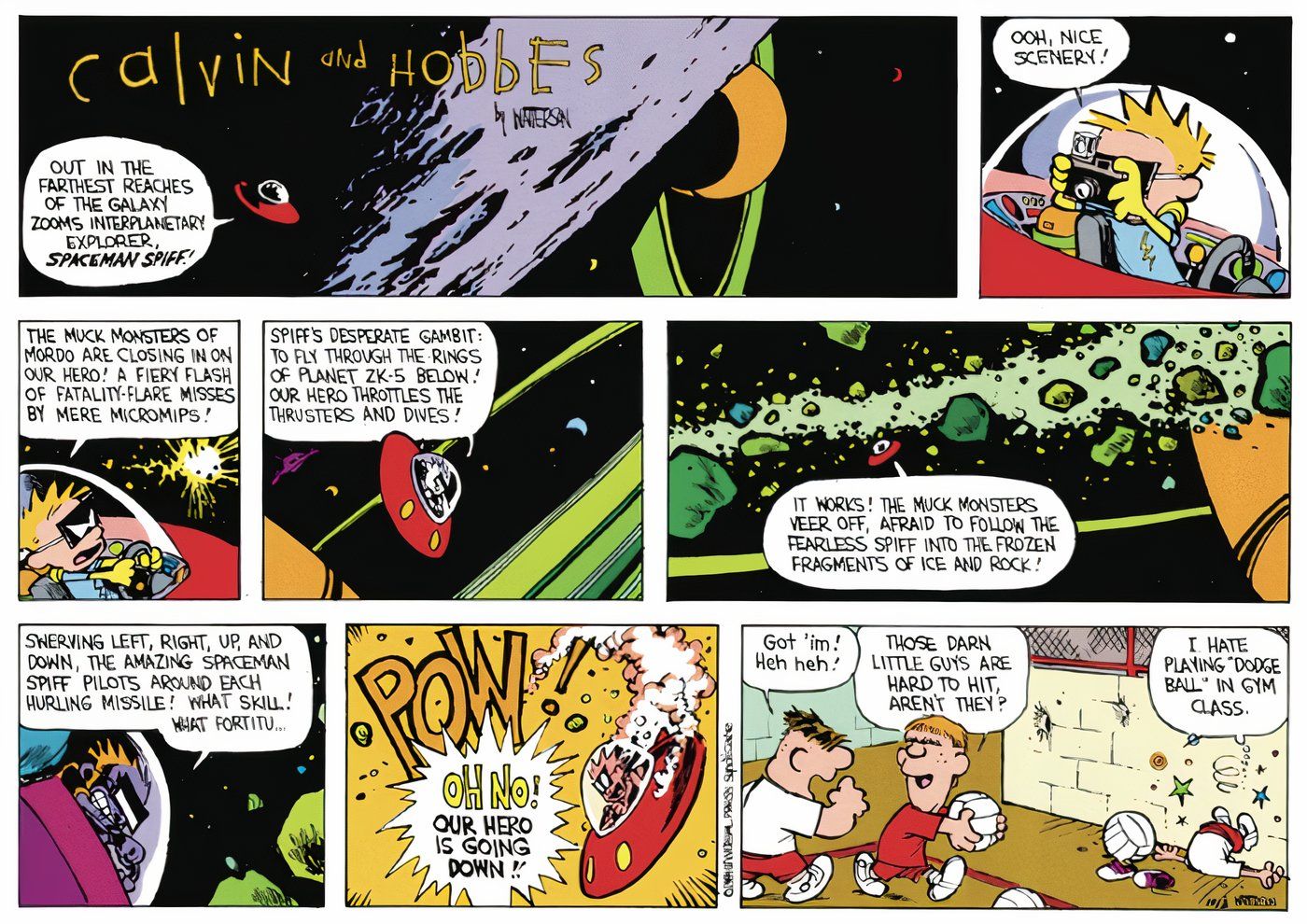 Calvin and Hobbes' Calvin playing dodgeball imagining he's a space hero dodging asteroids.