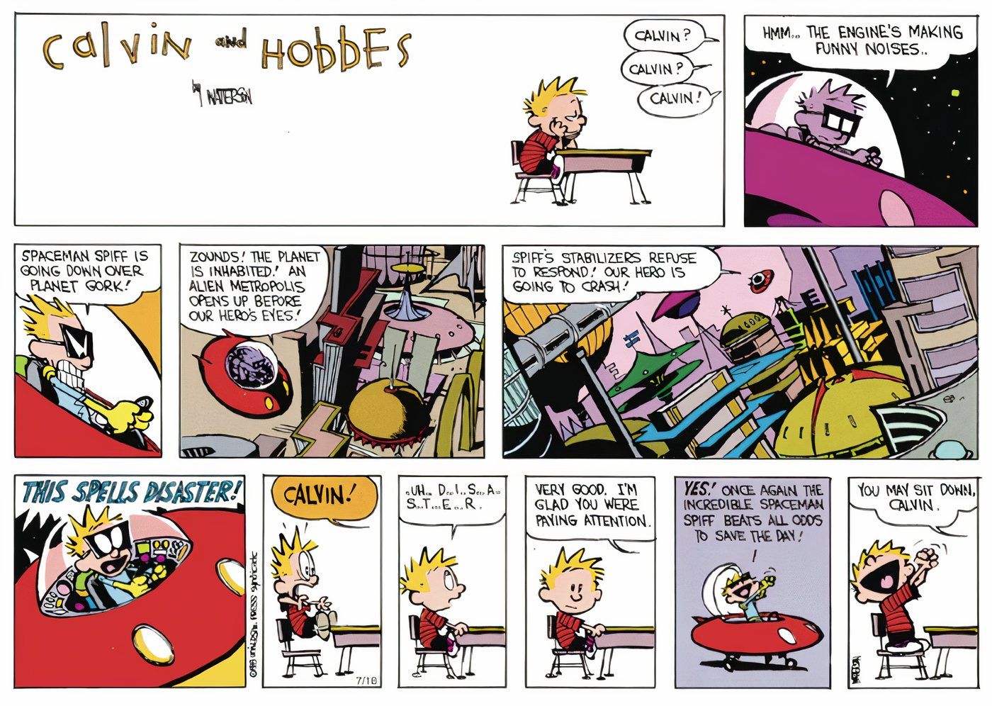 Calvin and Hobbes' Calvin not paying attention in class, but still getting the answer right.