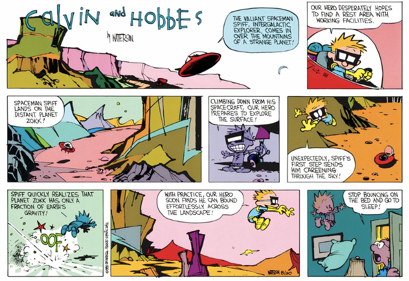 Calvin and Hobbes' Calvin jumping on his bed, pretending his on a distant world.