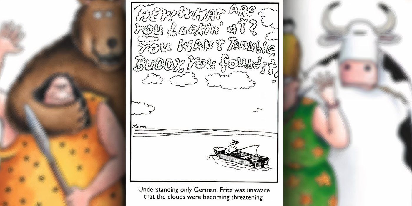 A história em quadrinhos Far Side retratando um pescador olhando para nuvens que soletram ameaças em inglês.