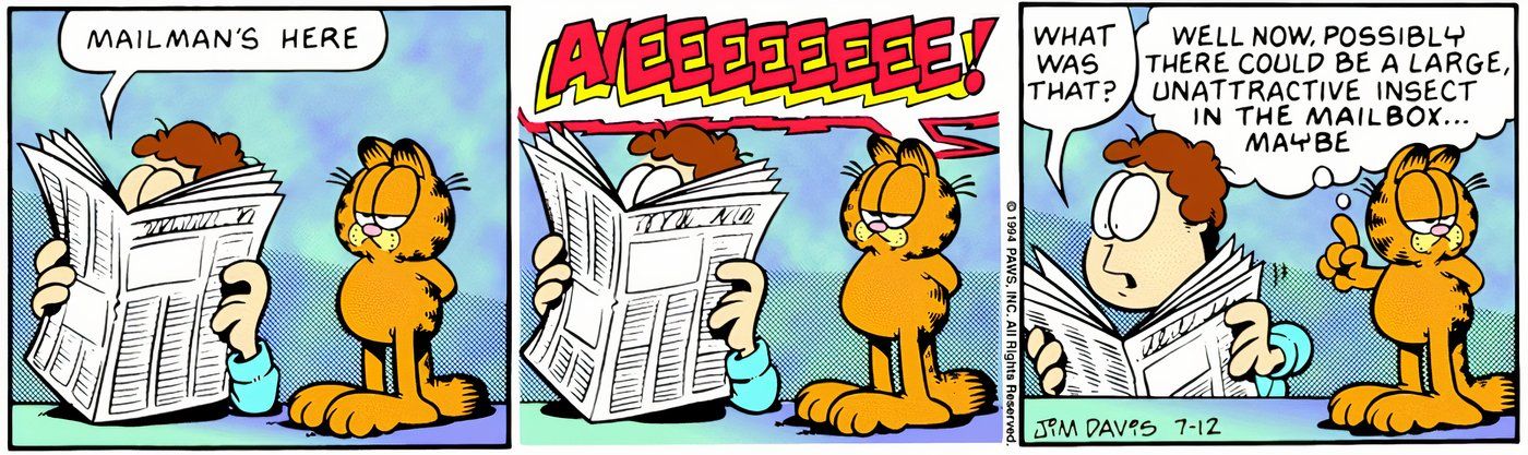 Garfield parado ao lado de Jon enquanto ele lê o jornal. 