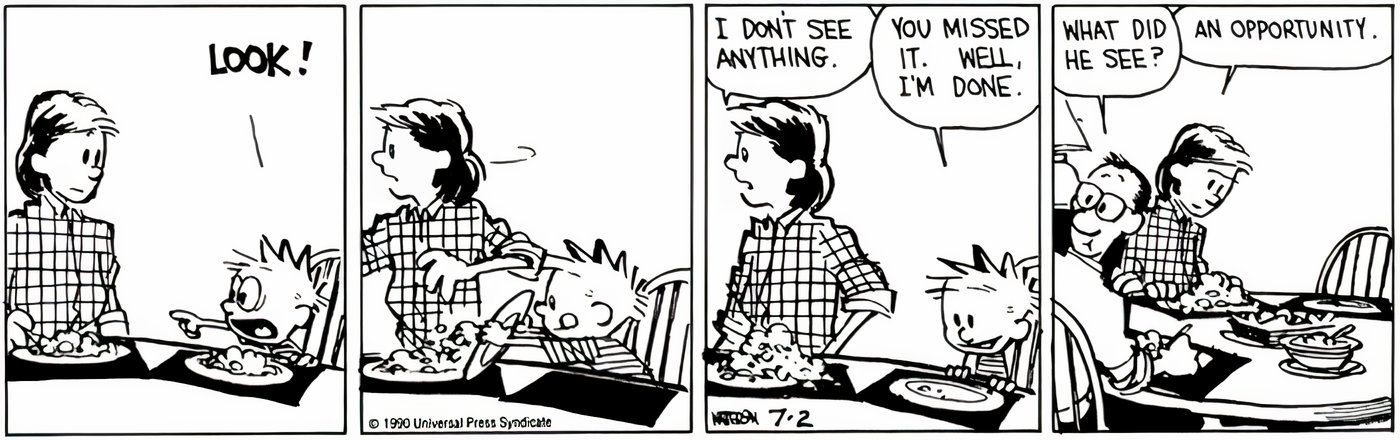 Calvin distraindo seus pais enquanto raspa a comida no prato de sua mãe para terminar o jantar em Calvin e Hobbes.