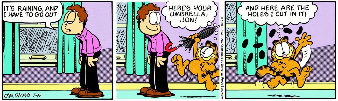 Garfield abrindo buracos no guarda-chuva de Jon antes que ele saia na chuva.