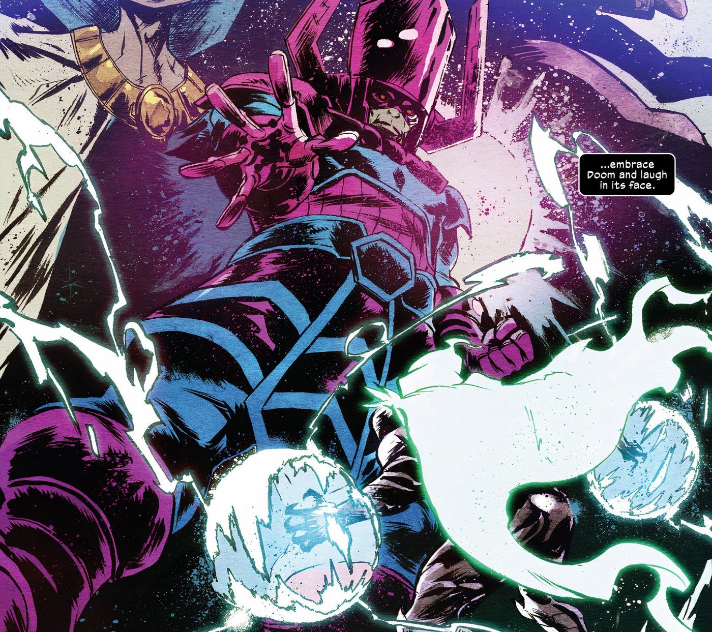 Doctor Doom recebendo uma atualização cósmica para lutar contra Galactus cara a cara.