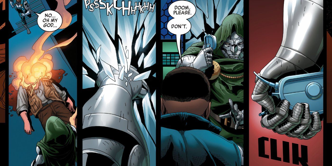 Doctor Doom usando o Ultimate Nullifier para destruir um universo alternativo.