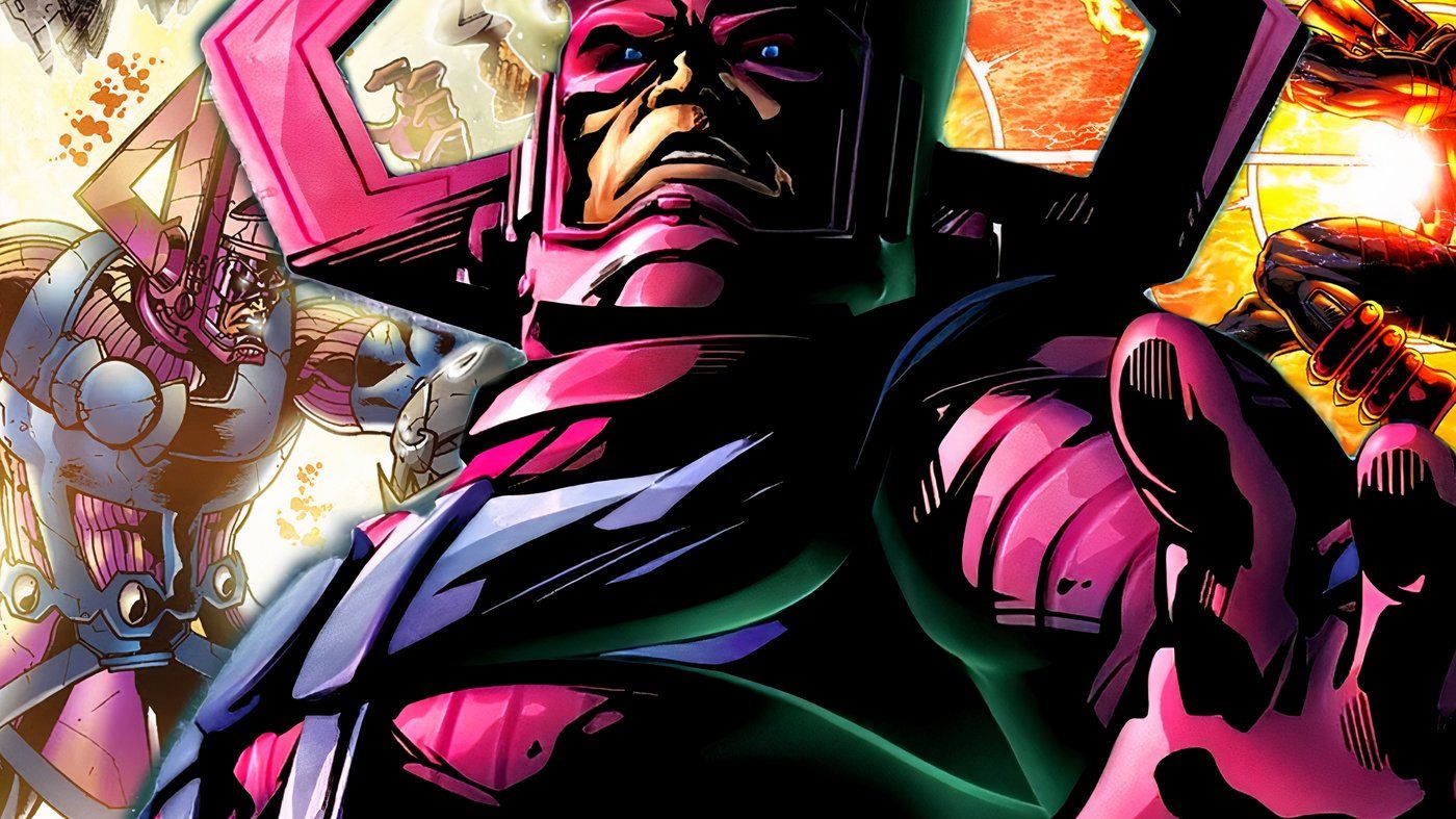 Galactus with two of his Marvel Comics fight scenes behind him.