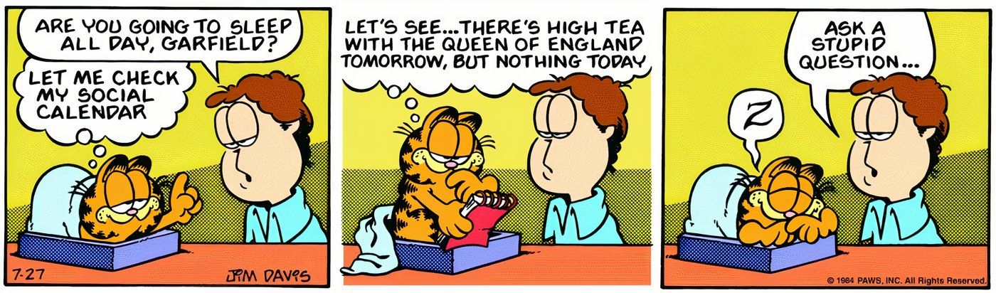 Garfield dizendo a Jon que não tem nada para fazer hoje, então ele vai dormir.