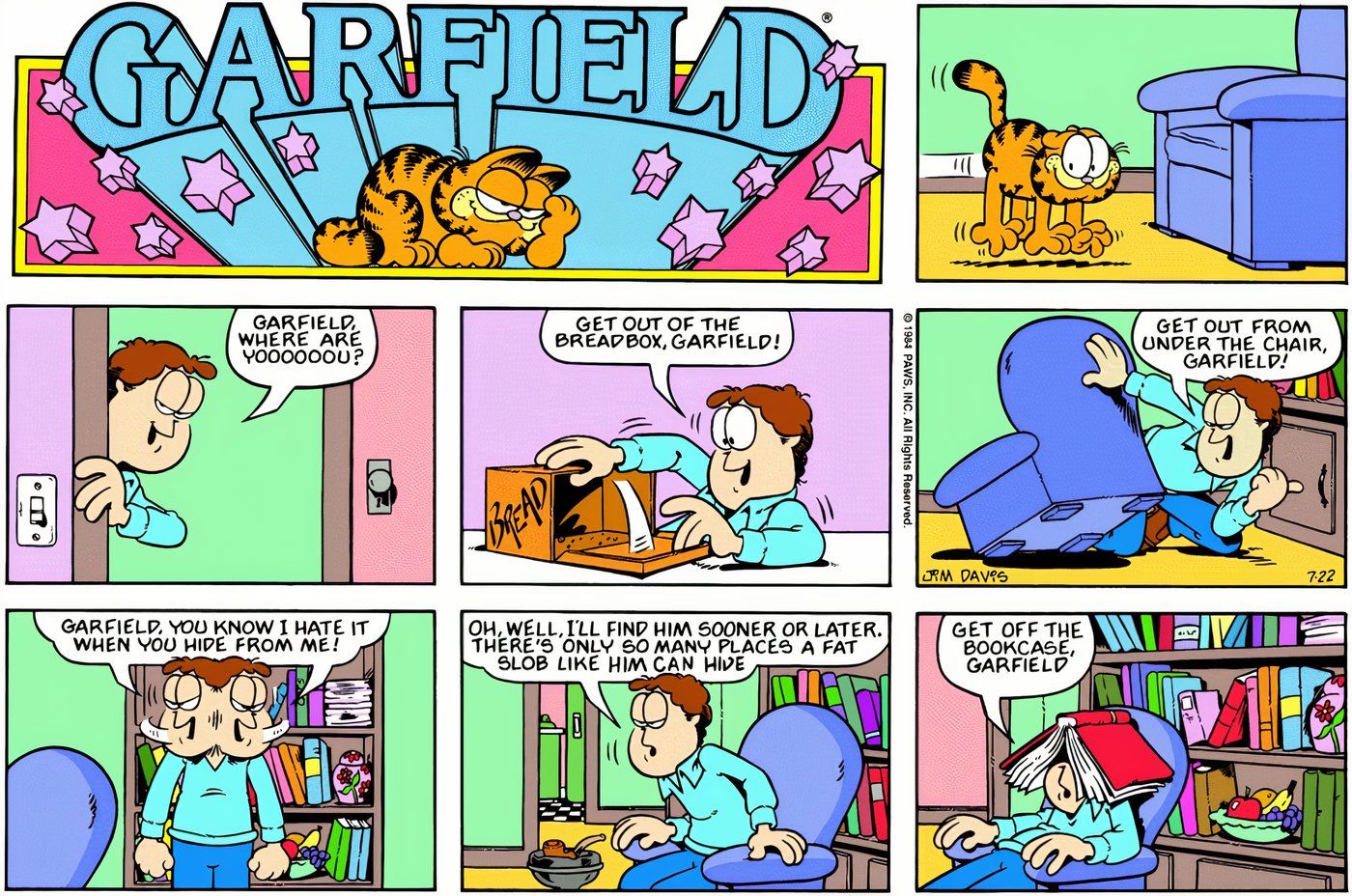 Garfield deixando cair um livro na cabeça de Jon do topo da estante. 