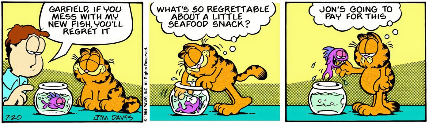 Garfield tendo o dedo mordido por um peixe.