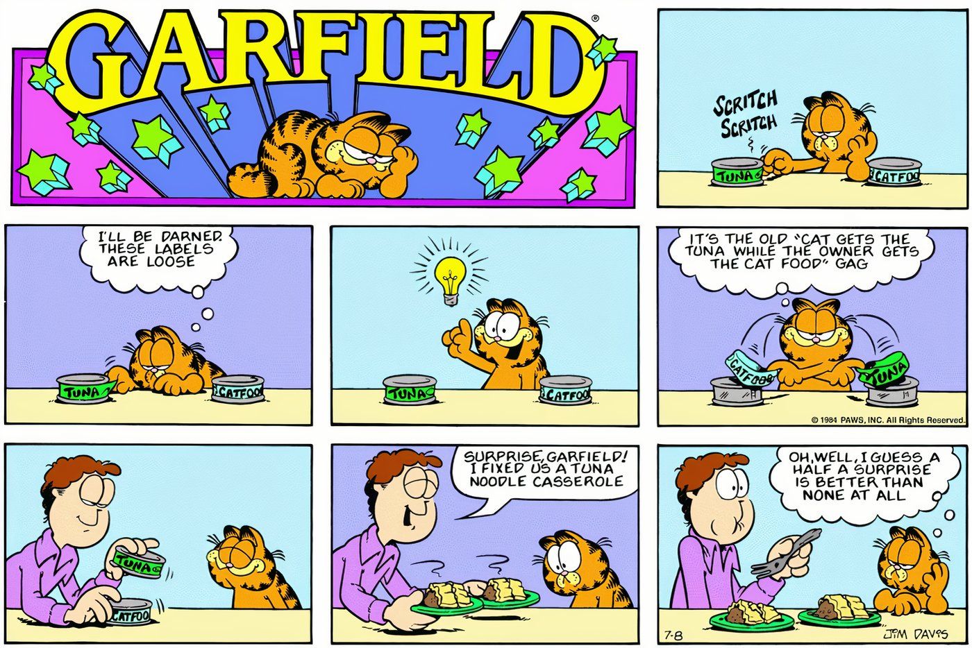 Garfield trocando o rótulo de sua comida de gato pelo atum de Jon.