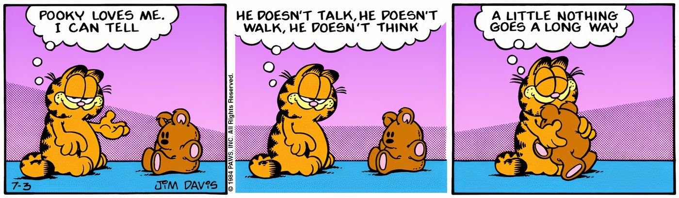 Garfield falando sobre o quanto ele ama seu ursinho de pelúcia, Pooky.