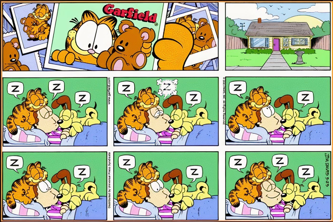 Garfield, Odie e Jon dormindo juntos na mesma cama.