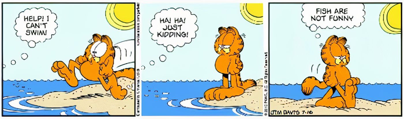 Garfield correndo para salvar alguém na água apenas para descobrir que estava sendo enganado por peixes.