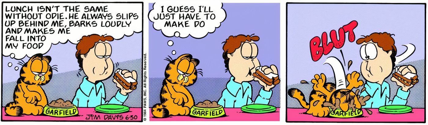 Garfield batendo o rosto na tigela de comida.