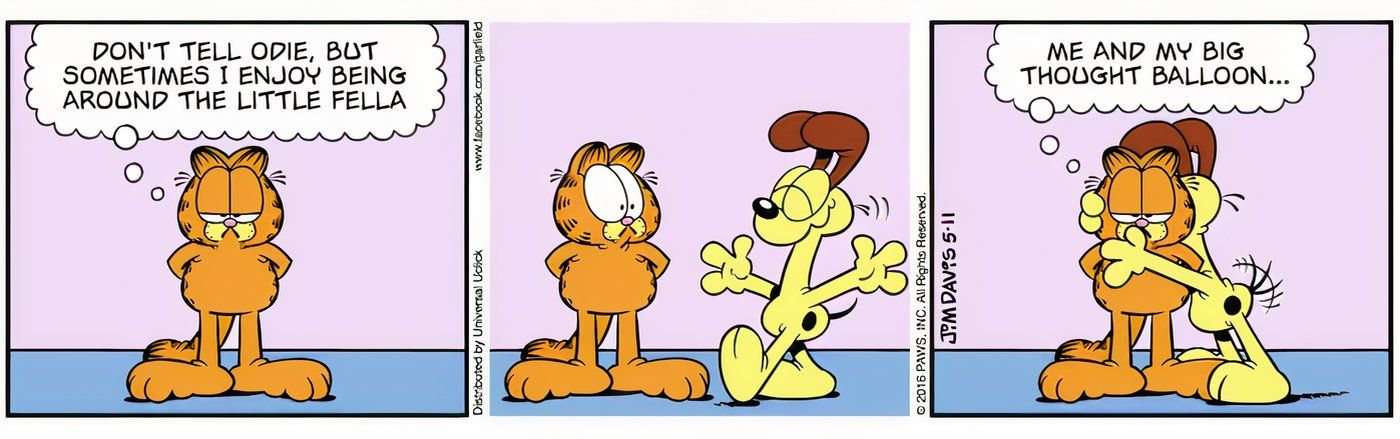 Garfield admitindo que gosta de Odie, e Odie lhe dando um grande abraço.