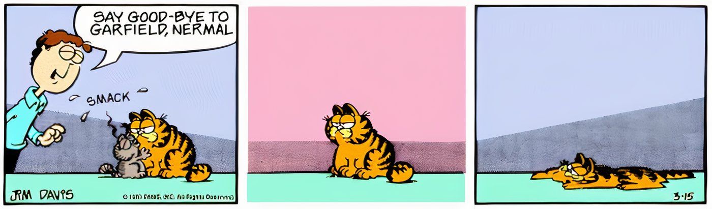 Garfield derretendo depois que Nermal lhe dá um abraço e um beijo.