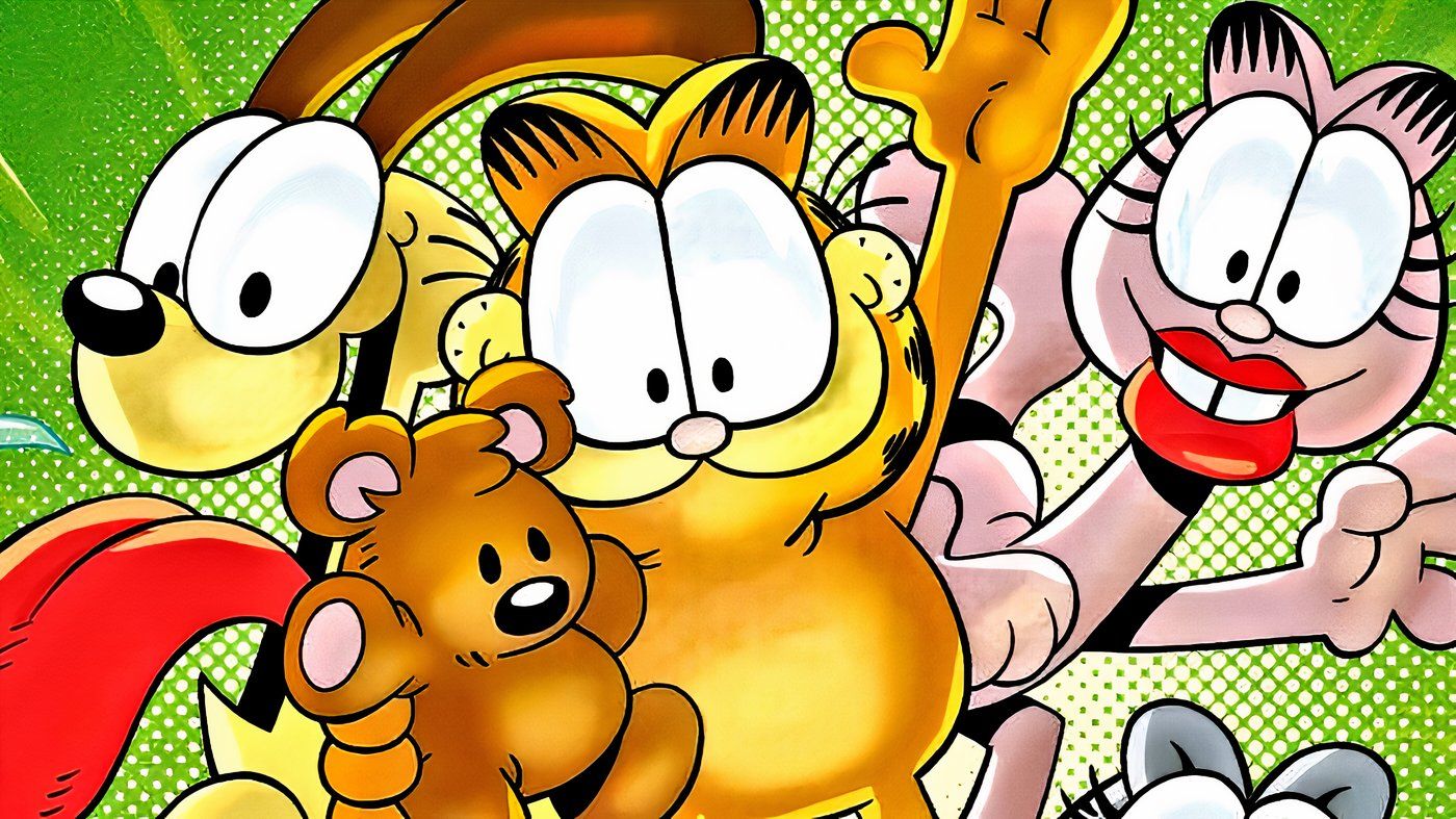 Garfield with Odie, Arlene, and Pooky the Teddy Bear.