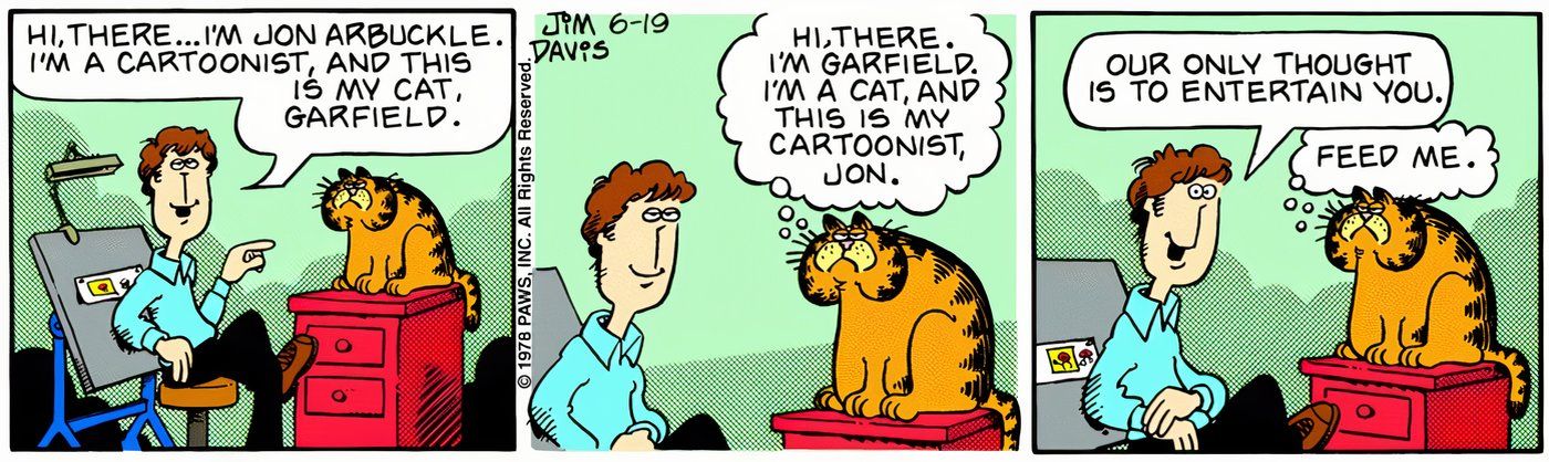 Garfield e Jon se apresentando na primeira história em quadrinhos de Garfield.