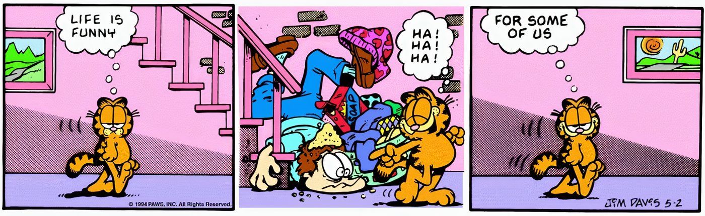 Garfield rindo de Jon caindo da escada enquanto quebrava a quarta parede.