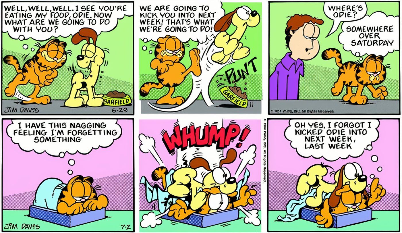 Garfield chuta Odie na próxima semana e, uma semana depois, Odie cai em cima dele.