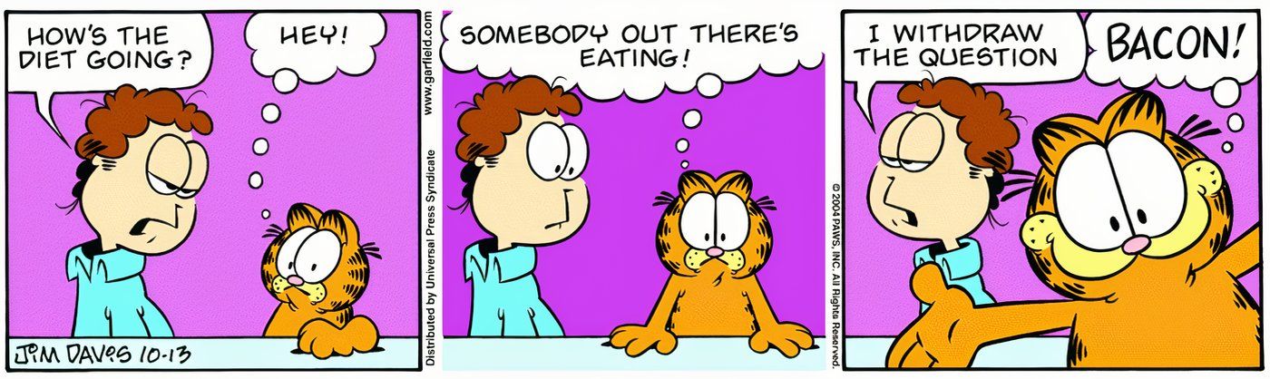 Garfield quebrando a quarta parede para pedir bacon ao leitor.