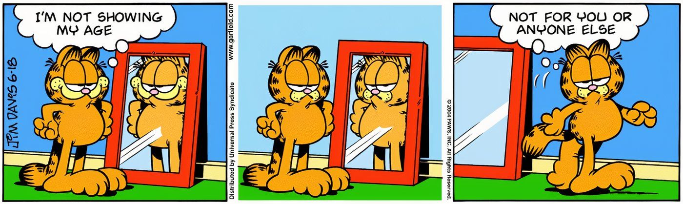 Garfield se olhando no espelho, inseguro quanto à sua idade.