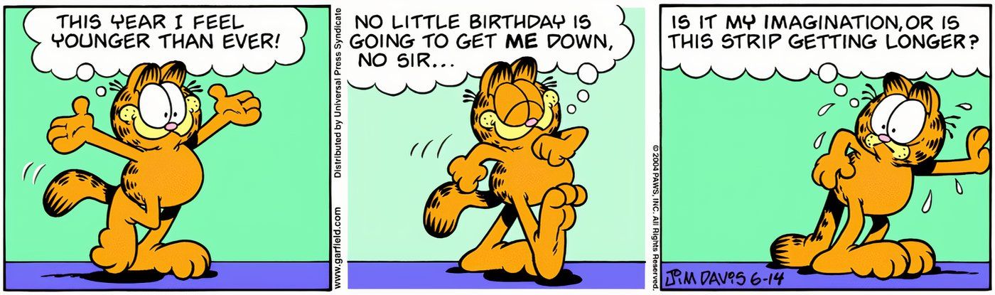 Garfield ficando sem fôlego andando de um lado a outro da história em quadrinhos.