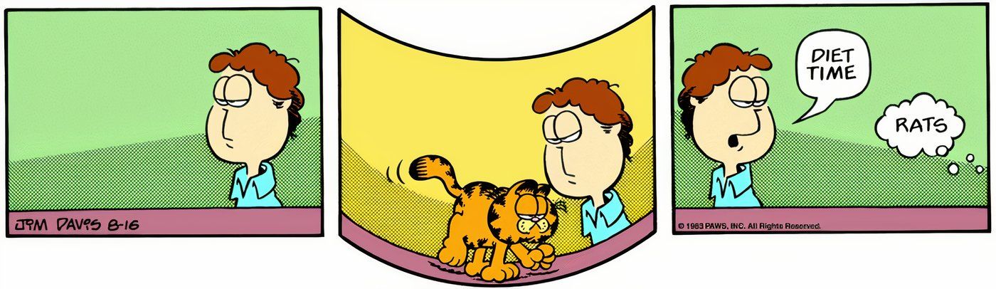 Garfield dobrando um painel de quadrinhos com seu próprio peso.